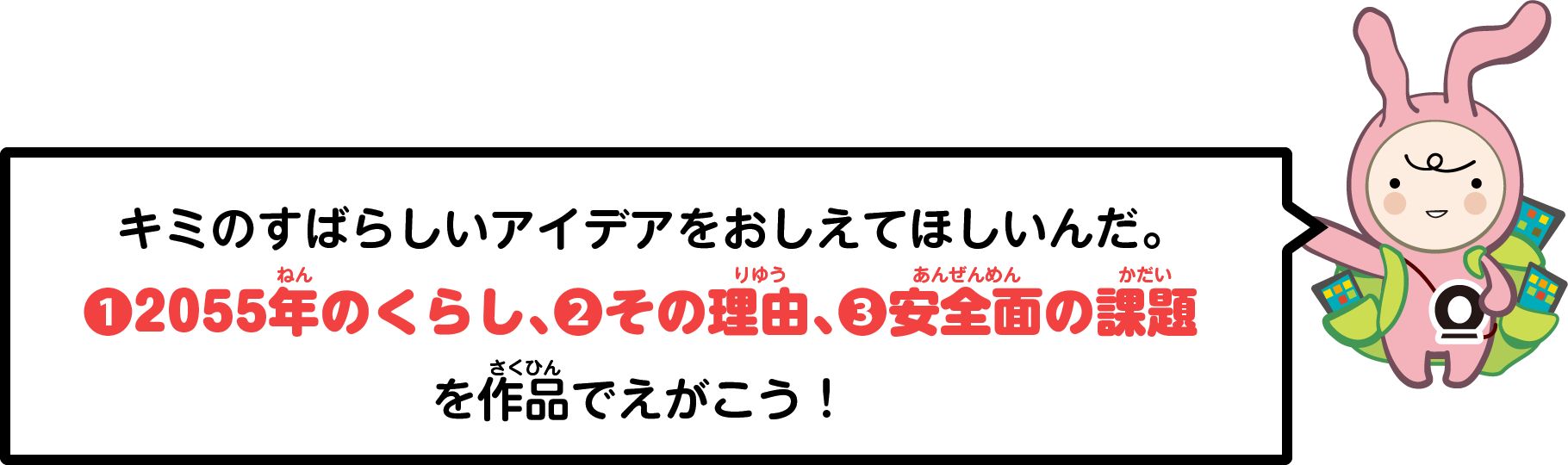 キミのすばらしいアイデアをおしえてほしいんだ。 ❶2055年（ねん）のくらし、❷その理由（りゆう）、❸安全面（あんぜんめん）の課題（かだい）を作品（さくひん）でえがこう！