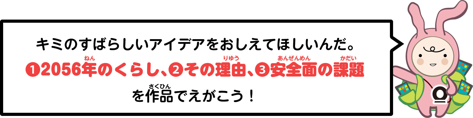 キミのすばらしいアイデアをおしえてほしいんだ。 ❶2056年（ねん）のくらし、❷その理由（りゆう）、❸安全面（あんぜんめん）の課題（かだい）を作品（さくひん）でえがこう！